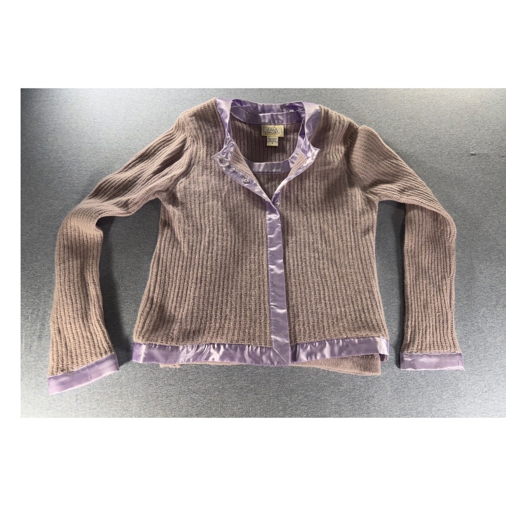 Field Manor Vintage Lambswool Angora Cardigan Sweater Satin Trim Purple Small